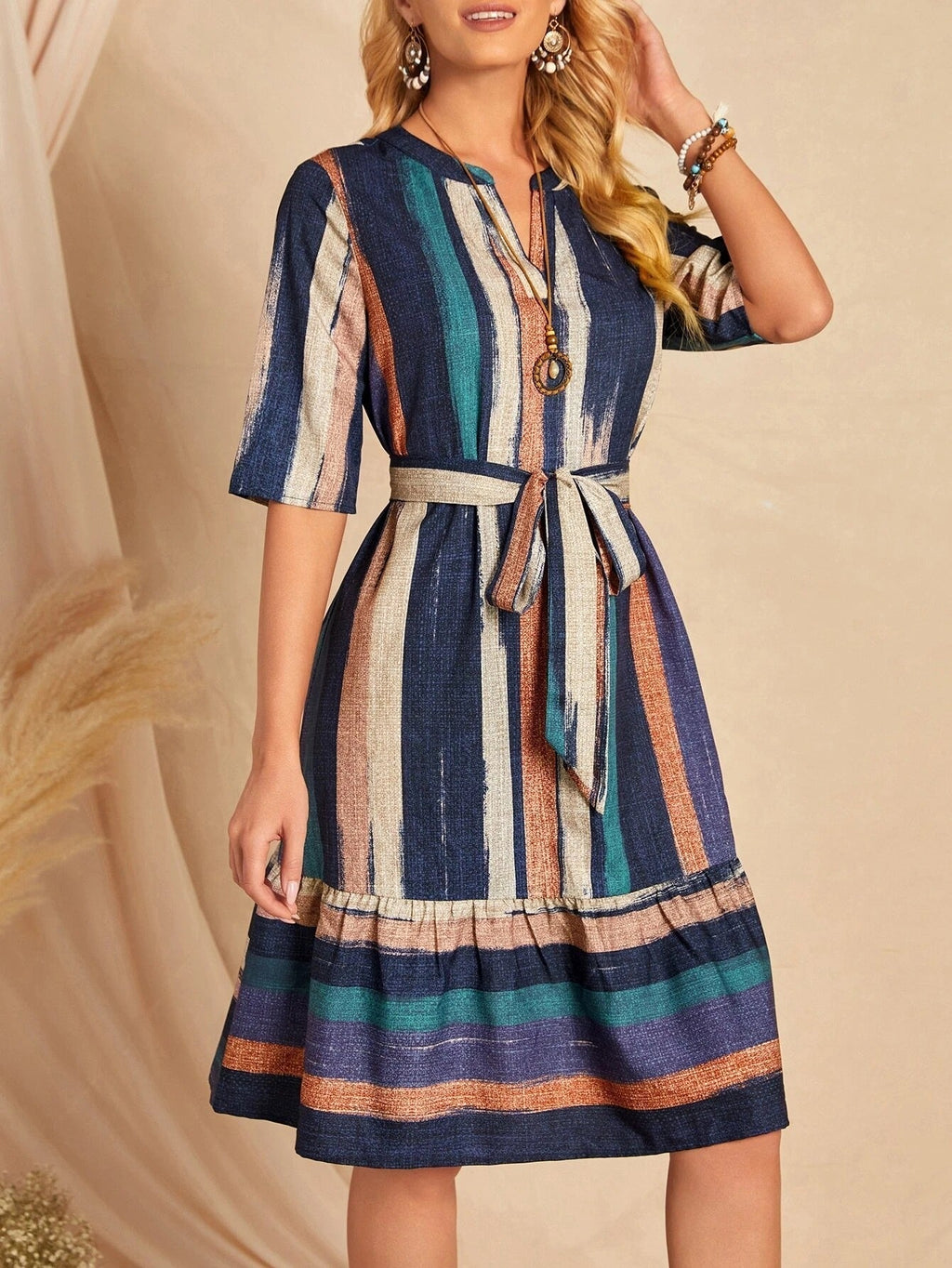 WesternStitch Brush Print Belted Ruffle Hem Dress WesternStitch