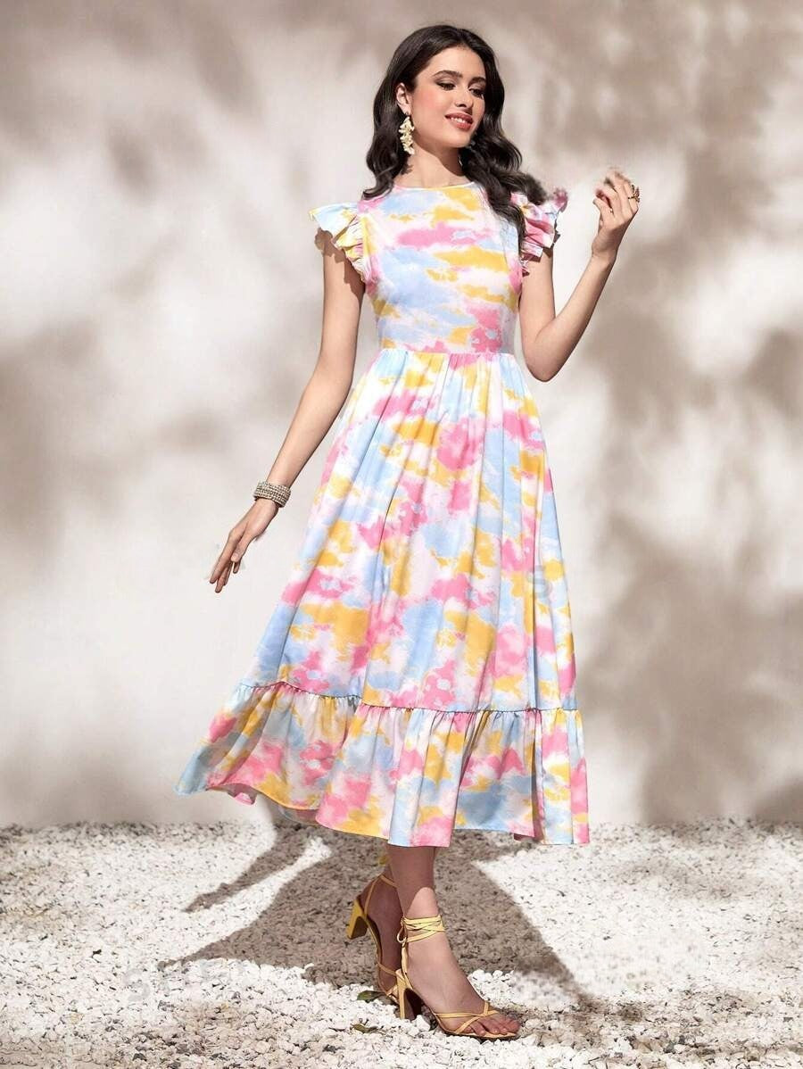 WesternStitch Round Neck Tie Ruffle Hem A Line Dress Short Sleeve Long Dress WesternStitch