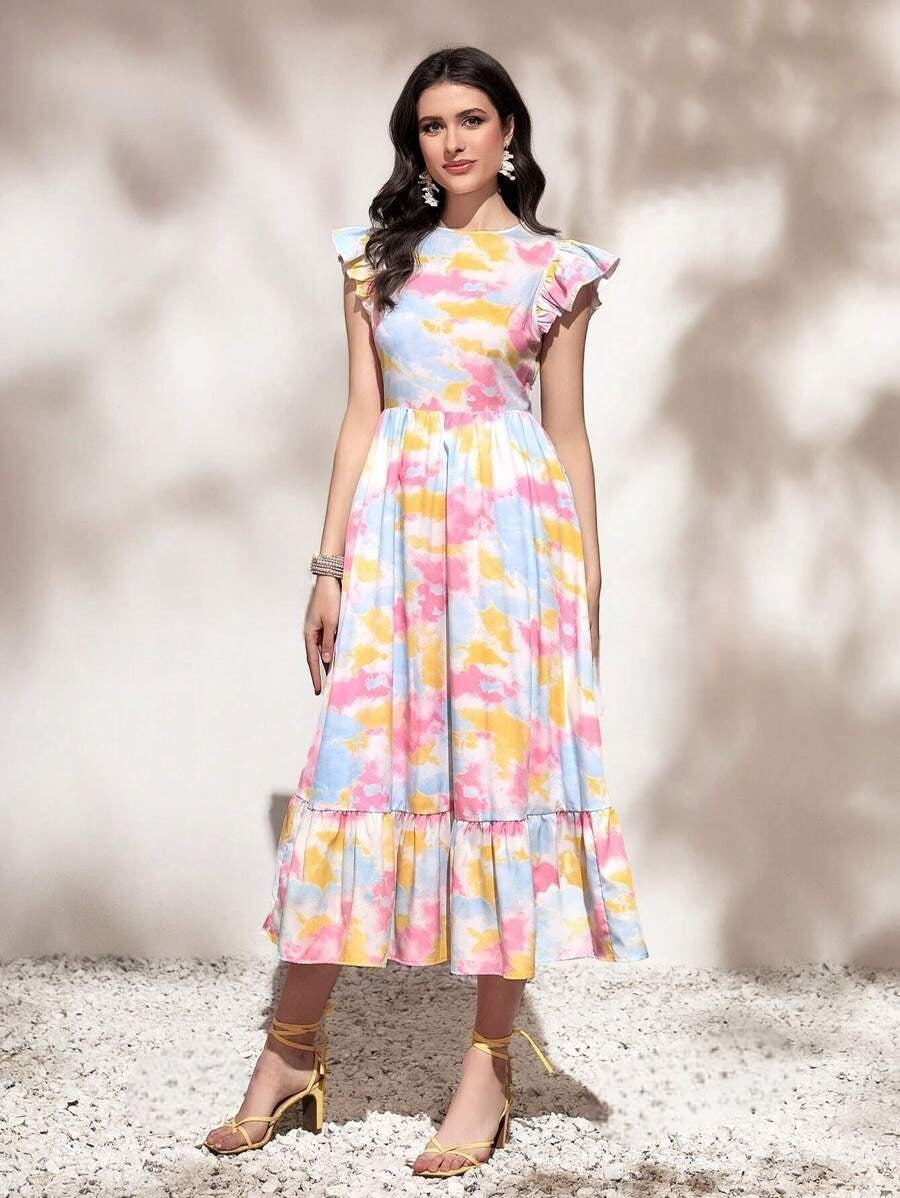 WesternStitch Round Neck Tie Ruffle Hem A Line Dress Short Sleeve Long Dress WesternStitch
