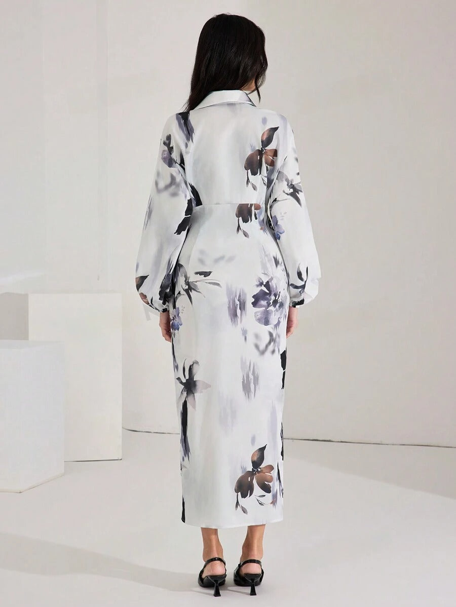 WesternStitch Women's Fall Elegant Floral Print Lantern Sleeve Long Dress WesternStitch
