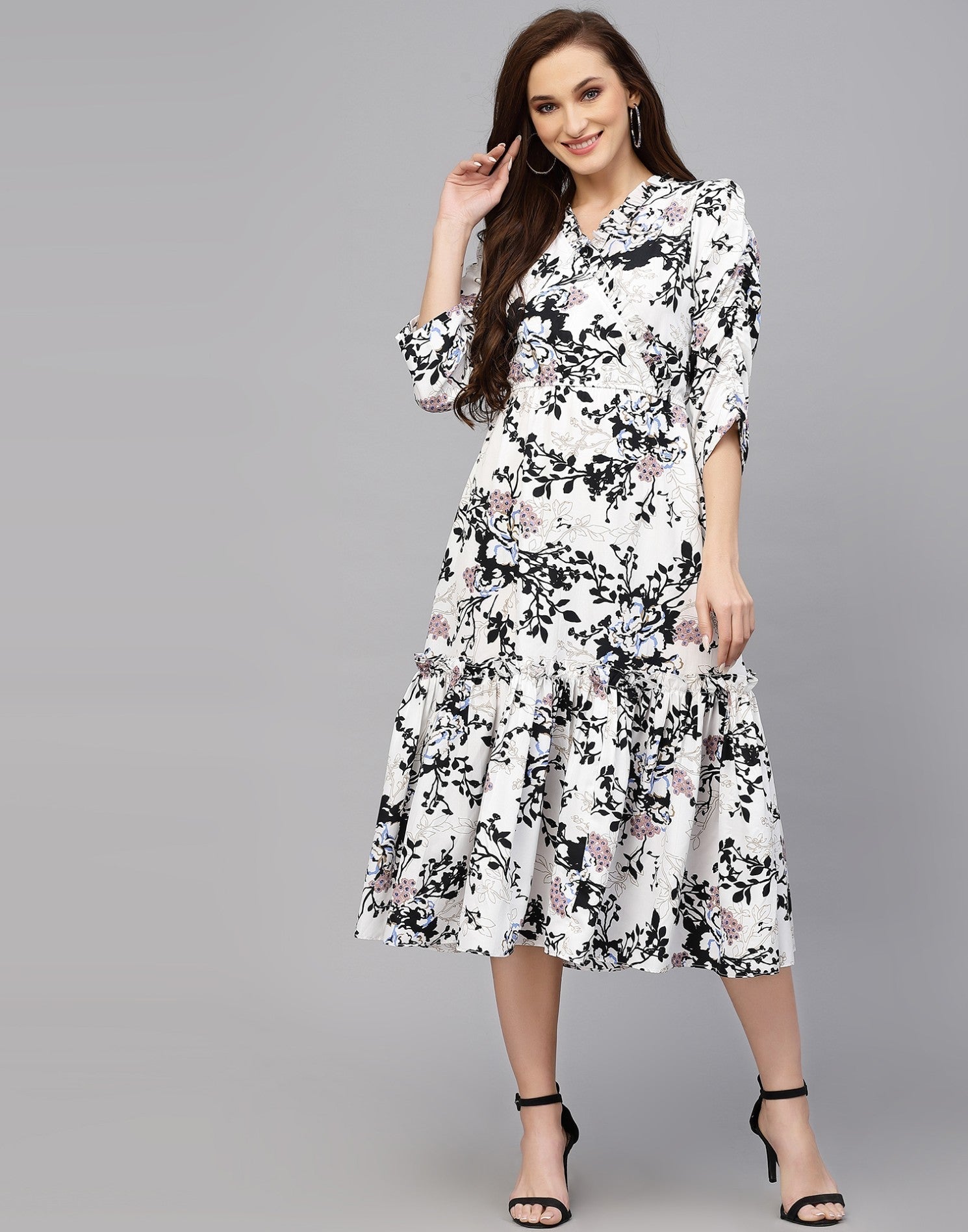 WesternStitch Women's Crepe Floral Printed Ruffled Western Maxi Dress WesternStitch