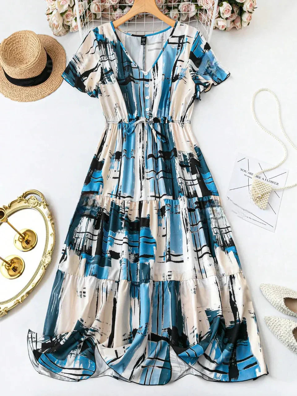 WesternStitch Women's Elegant Plaid & Print V-Neck Short Sleeve Summer Dress WesternStitch