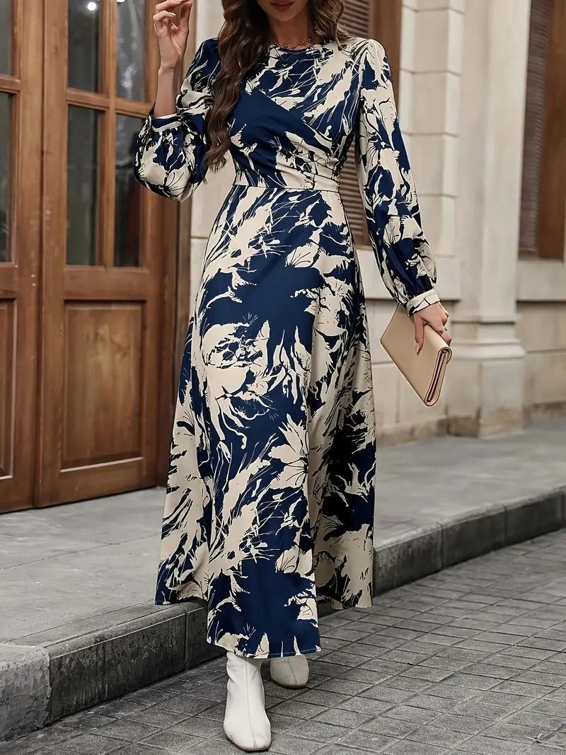 WesternStitch Allover Print Crew Neck Dress, Elegant Long Sleeve Ankle Length Dress WesternStitch