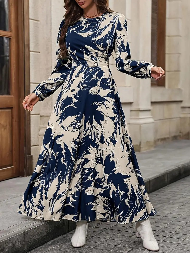 WesternStitch Allover Print Crew Neck Dress, Elegant Long Sleeve Ankle Length Dress WesternStitch