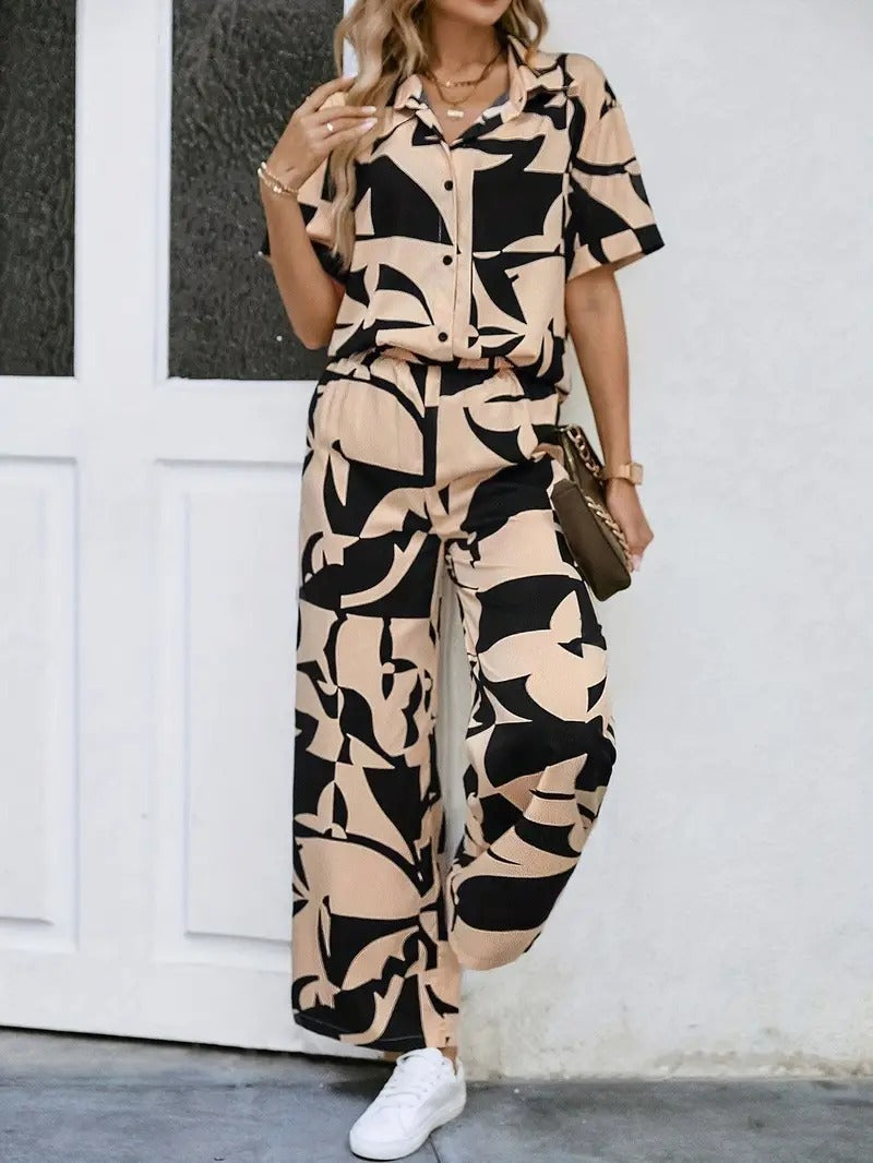 WesternStitch Rayon Button Front Short Graphic Print Elegant Two Piece Set for Women WesternStitch